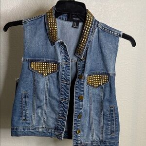Forever 21 Blue Denim Vest with Gold Studs distressed stylish piece Jean jacket
